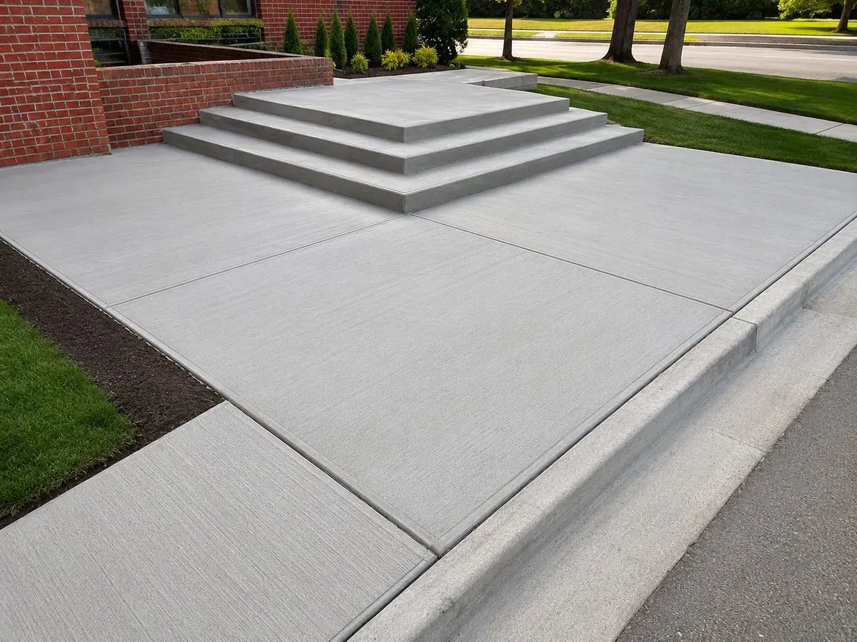 Commercial broom finish concrete entry plaza with wraparound steps