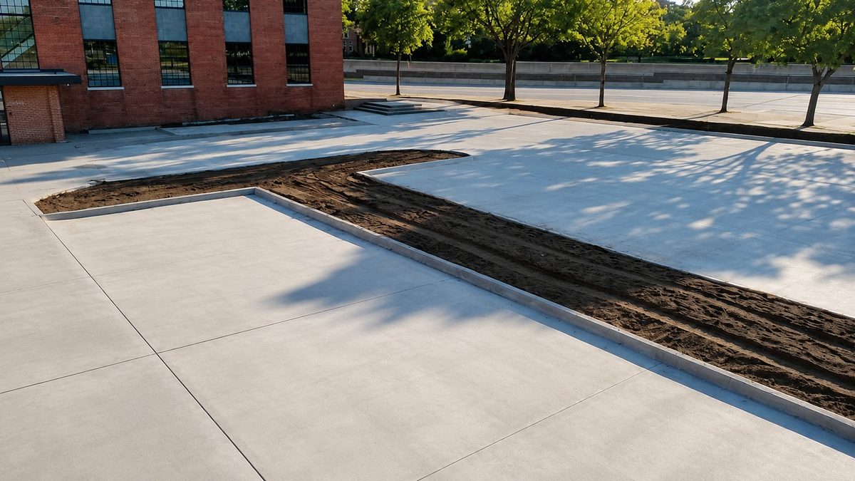 Large commercial concrete plaza with landscape cutouts in Royal Oak, MI