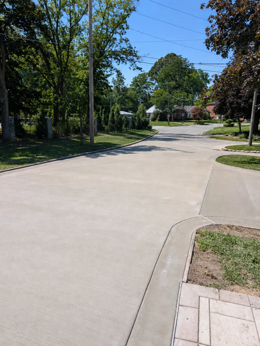 Broom-finish concrete driveway with smooth trowelled border running out to a flared street approach, Dearborn Heights MI