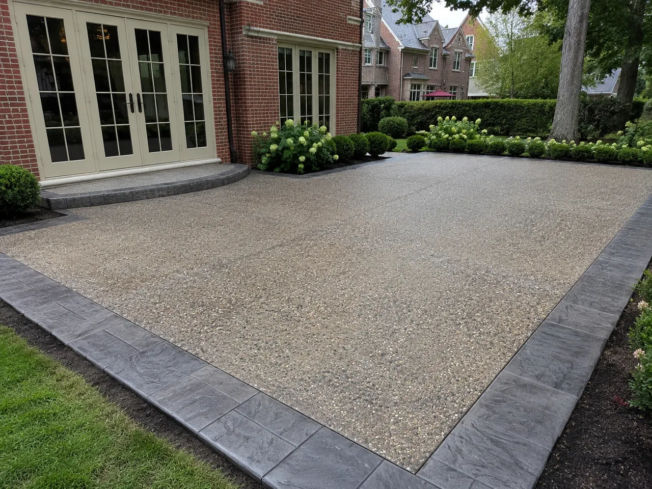 Exposed aggregate patio with stamped slate border in Grosse Pointe, MI