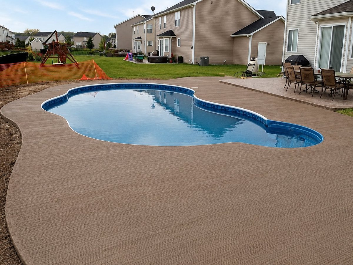 Colored broom finish concrete pool deck