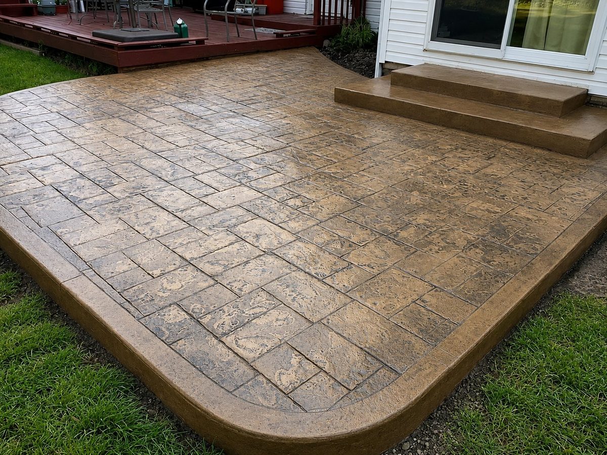 Ashlar slate stamped concrete patio with curved edge in Garden City, MI
