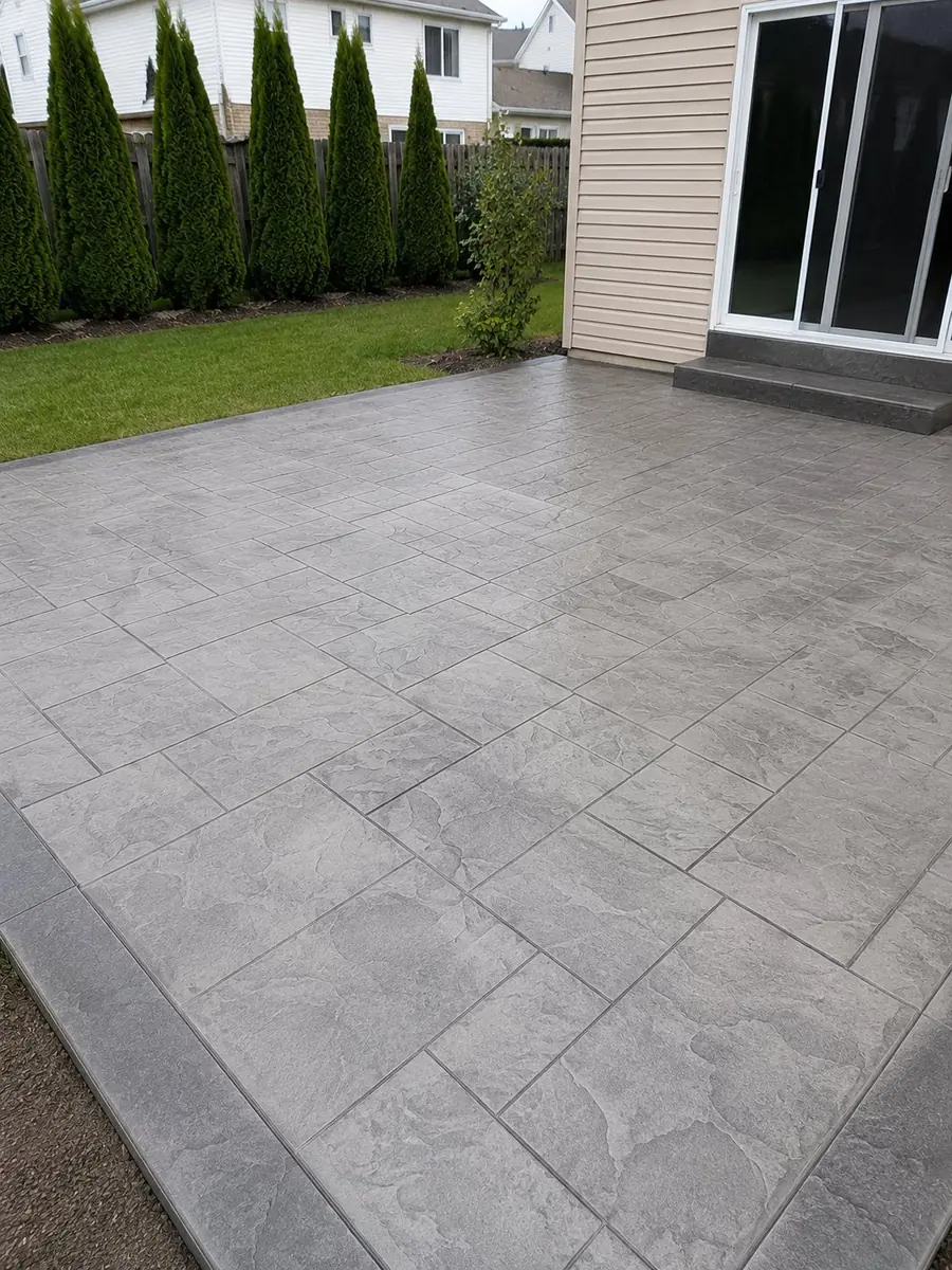 Large-format stamped concrete patio in slate pattern in Canton, MI