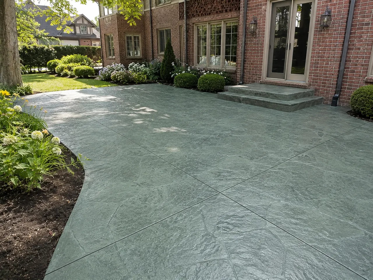 Seafoam green stamped concrete patio in Grosse Pointe, MI